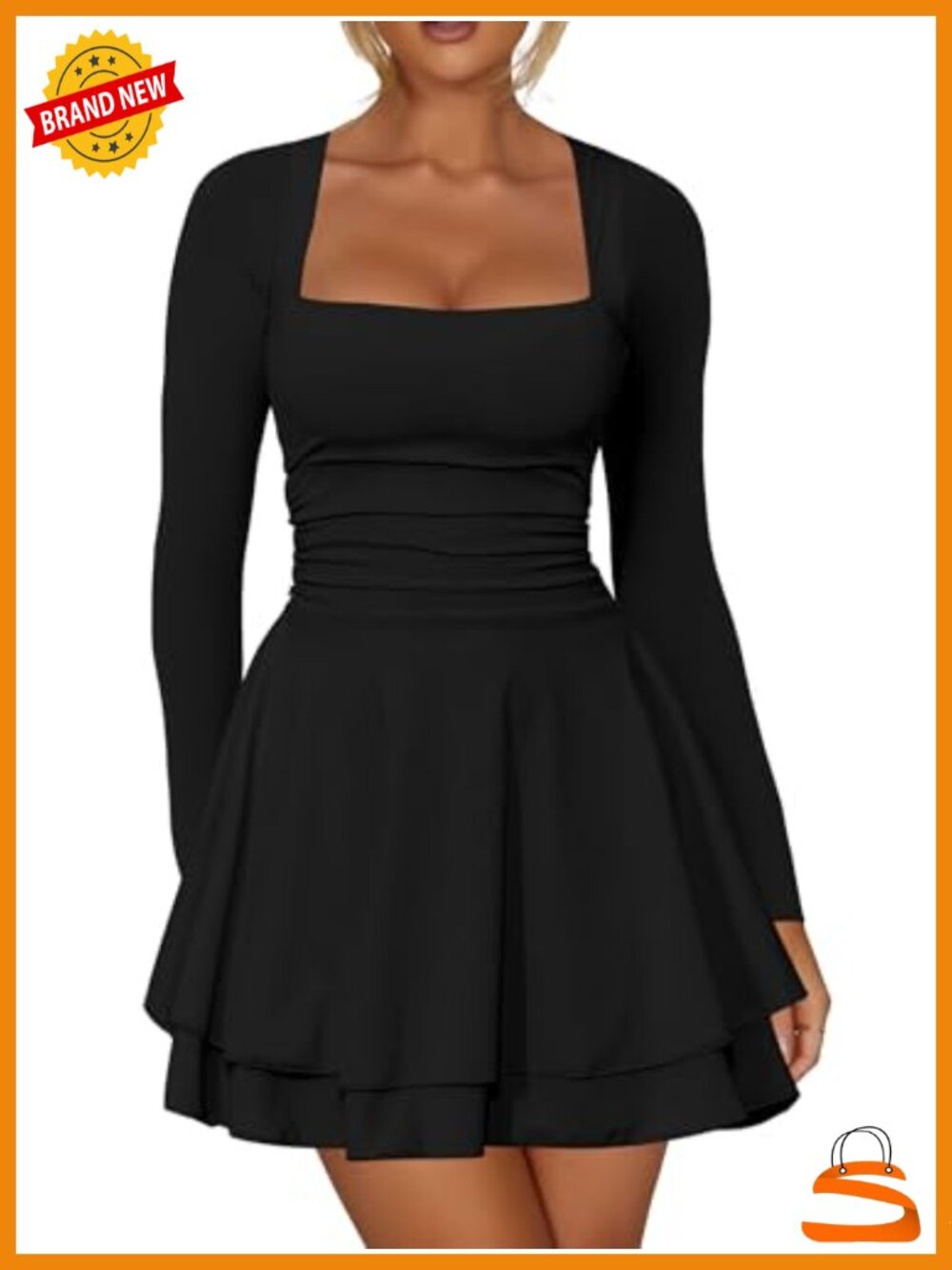 Women's Corset Long Sleeve Mini Dress Square Neck Ruffle Hem Bodycon Party Club